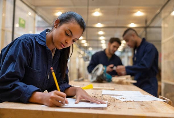 Students collaborating in a modern workshop